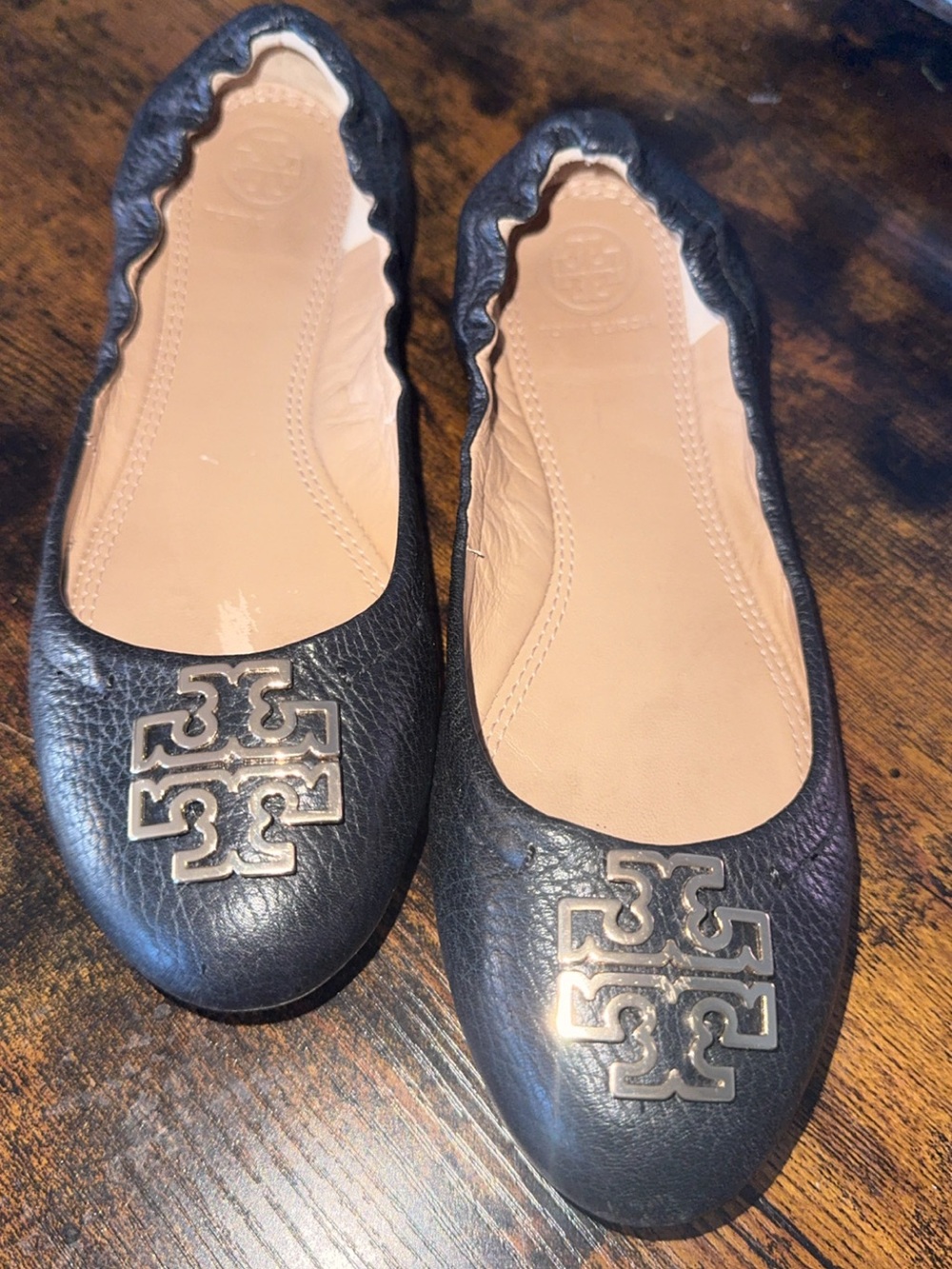 Tory Burch Navy Leather Ballet Flats with Gold Emblem